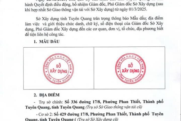 Thông báo số 01 và 02 của Sở Xây dựng tỉnh Tuyên Quang (sau hợp nhất Sở Giao thông - Vận tải và Sở Xây dựng)